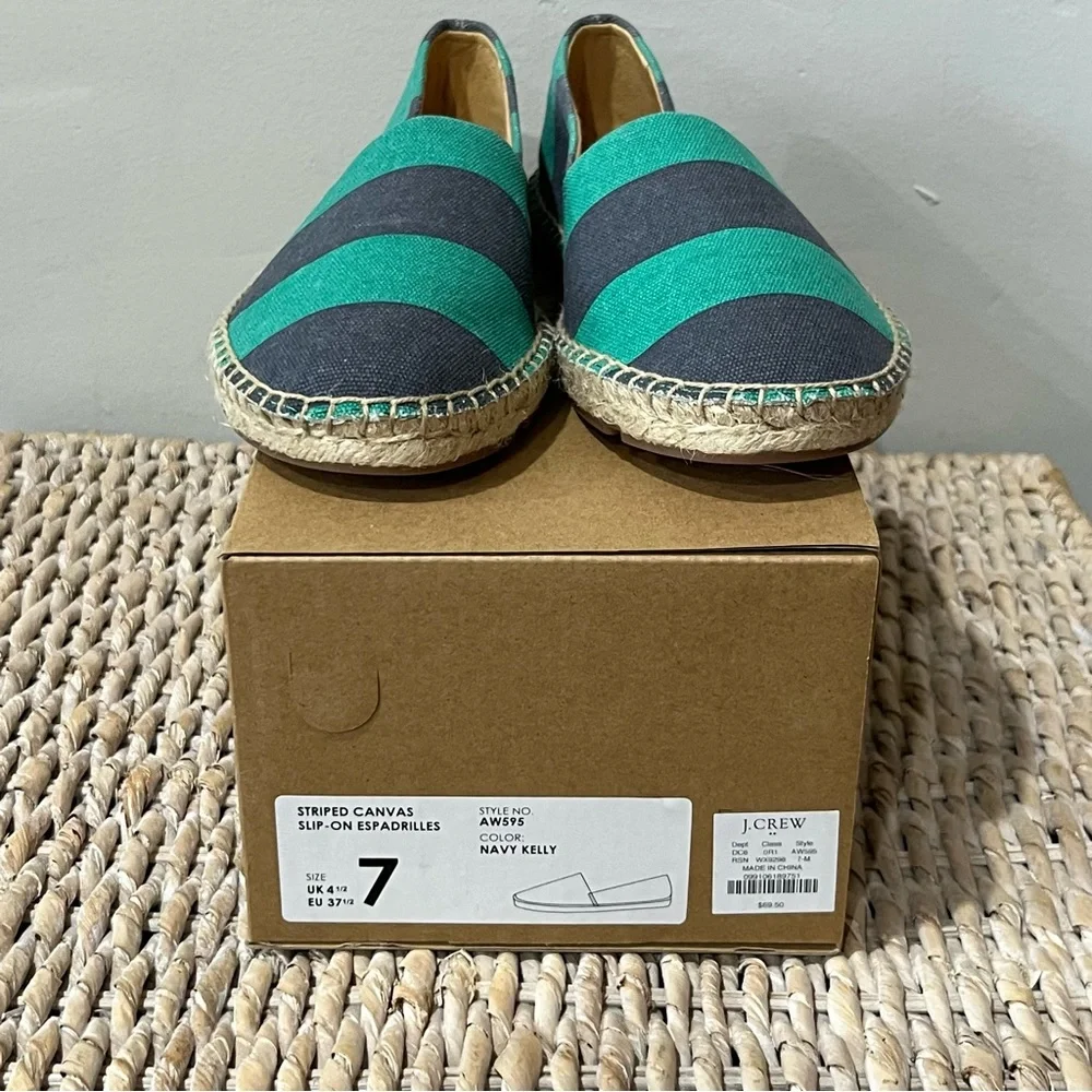 J. Crew Striped Canvas Slip-On Flat Espadrilles‎ Navy Kelly Green AW595 7 NIB